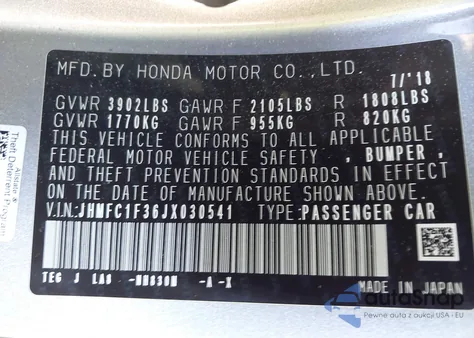 2018 Honda Civic Ex-T z USA, uszkodzony, nr VIN JHMFC1F36JX030541